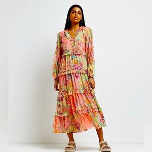 Women’s River Island Floral Tiered Ruffled Long Sleeve Smock Maxi Dress Size 12